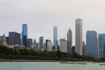 View of Chicago city center in mist