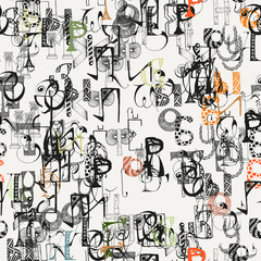 Seamless grunge doodle background. Hand drawn abstract letters.