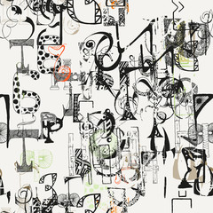 Seamless grunge doodle background. Hand drawn abstract letters.