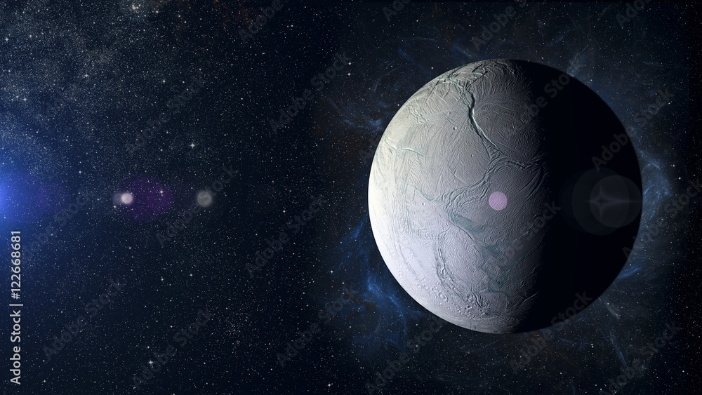 Wall mural solar system planet enceladus on nebula background.