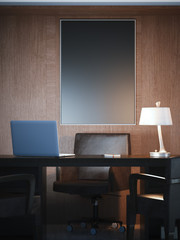 Classical interior with workplace and black canvas. 3d rendering