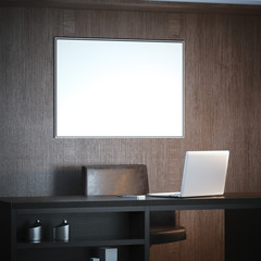 Obraz premium Classical interior with workplace and white big canvas. 3d rendering