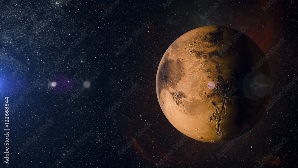 Wall mural solar system planet mars on nebula background 3d rendering.