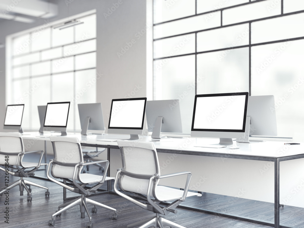 Aufkleber bright office with computers. 3d rendering