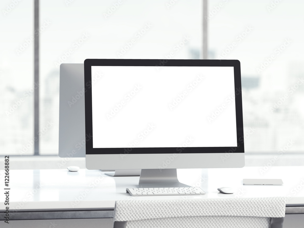 Poster modern computer on the table. 3d rendering