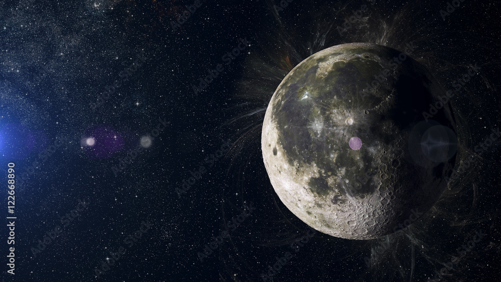 Wall mural moon on nebula background. solar system planet 3d rendering.