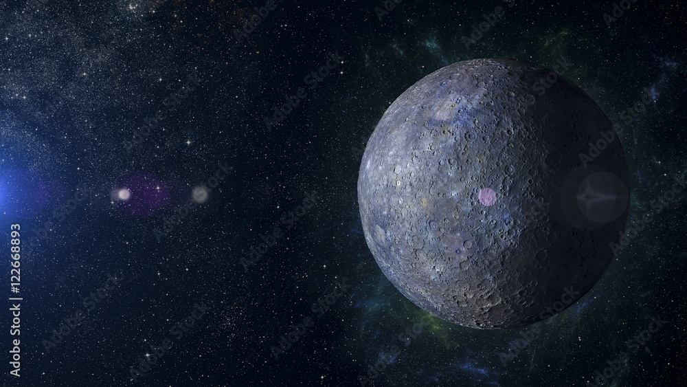 Wall mural solar system planet mercury on nebula background 3d rendering.