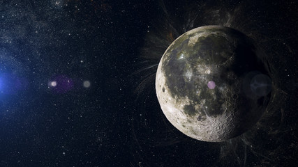 Moon on nebula background. Solar system planet 3d rendering.