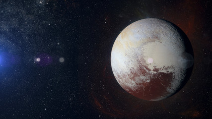 Solar system planet Pluto on nebula background.