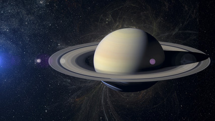 Solar system planet Saturn on nebula background.