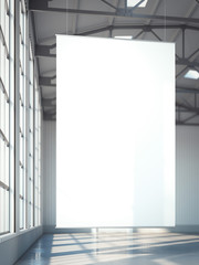 Blank white banner in hangar. 3d rendering