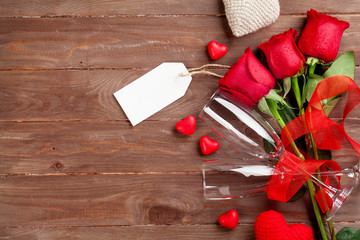 Valentines day roses bouquet and champagne glasses