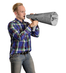 junger Businessmann mit Papier Megafon 