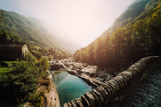 Panoramic Double arch stone bridge at Ponte dei Salti with waterfall, Lavertezzo, Verzascatal, Canton Tessin.
