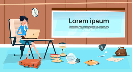 Business Woman Sitting Desk Working Laptop Computer Businesswoman Typing Flat Vector Illustration