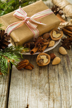 Christmas preasent nuts cinnamon ribbon