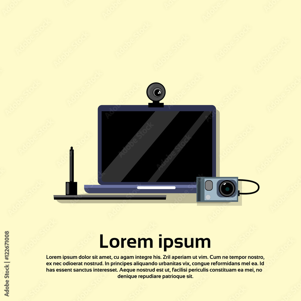 Poster empty laptop computer monitor web camera flat vector illustration