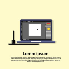 Laptop Computer Paint Application Creative Design Process Flat Vector Illustration