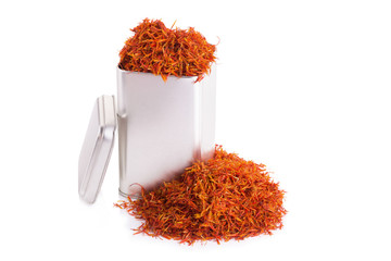 Dried sufflower herb in Aluminum can on white background