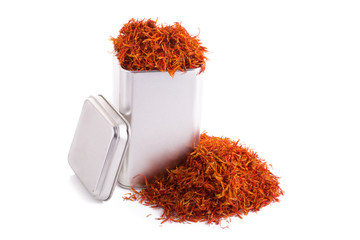 Dried sufflower herb in Aluminum can on white background