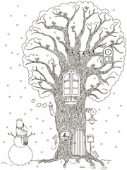 Fairy winter house in the tree. Vector illustration. Drawn by hand. Isolated object.