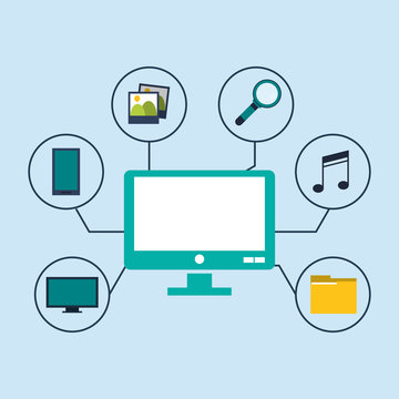 flat design computer with data center related icons image vector illustration