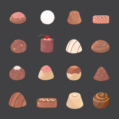 vector set of chocolate candies. cartoon candies on dark background