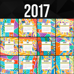 Zentangle colorful calendar 2017 hand painted in the style of floral patterns and doodle.
