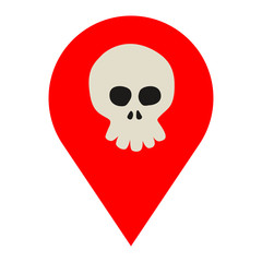 Icono plano localizacion caricatura de calavera gris frontal color rojo