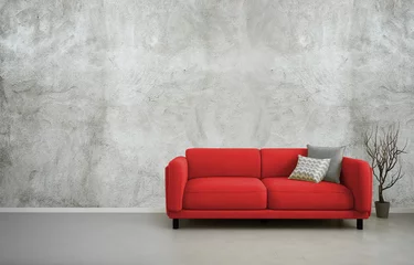 Fotobehang Per kamer 3d illustration of empty interior with red sofa, blank concrete wall, minimalist living room design  © darina1761