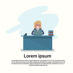 Business Woman Sitting at Desk Working Laptop Computer