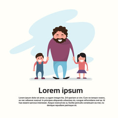 Father With Son Daughter Happy Family Man And Little Boy Girl Hold Hands