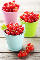Red currant on a grey wooden table