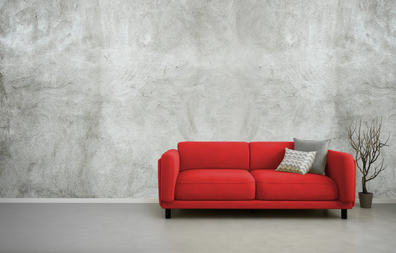 3d illustration of empty interior with red sofa, blank concrete wall, minimalist living room design