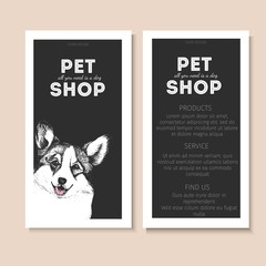 Vector set of pet shop flyers. Dog portrait isolated on black square text template. Black informational list.