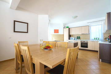 Interior of a kitchen with bar counter in a villa