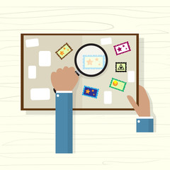 Business People Hand Hold Magnifying Glass Looking Postage Stamp Collection