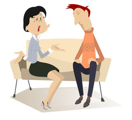 Disappointment. Woman demands to do something from the man in low spirits on the sofa
