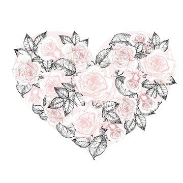 Vector heart of roses. Hand drawn vintage engraved style flowers. Pastel rose color.