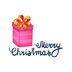 vector illustration of Merry Christmas Lettering with cartoon drowing pink present. Element for design banners, web and greetings