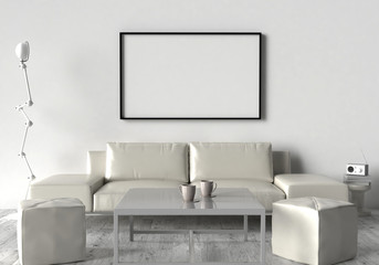 Living room, sofa, two stool and table. On the wall of an empty