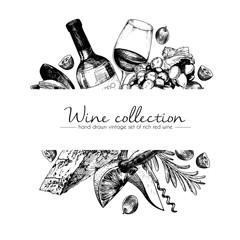 Wektorowa ręka rysująca szablon ilustracja wino i zakąski. Butelka, szkło, korka, ser, owoce i opakowania. Sztuka w stylu vintage grawerowane. Do restauracji, menu, sklepu, rynku, sprzedaży. - 122675629