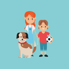 flat design kids boy and girl with dog image vector illustration