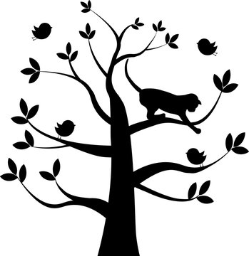 Vector silhouette of a cat on the tree catching the bird
