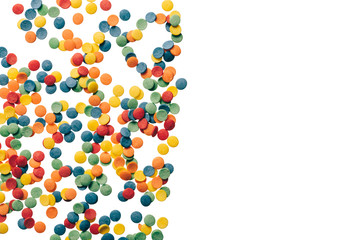 Party decorations image. Colorful confetti on white ready for insert on the other image