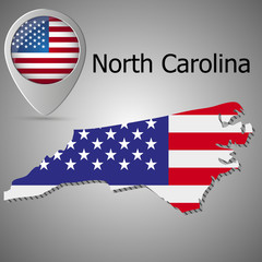 North Carolina State map with US flag inside and Map pointer with American flag. United States of America flag pin map icon eps 10