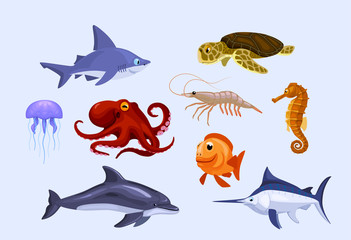 set of stylized cartoon underwater animals