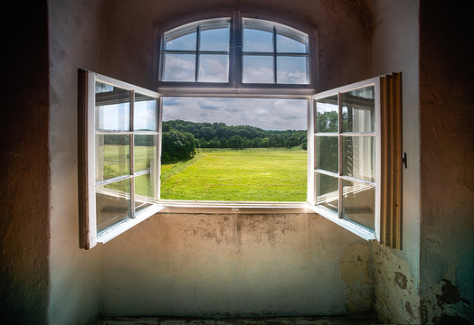 Old residential window with trees and meadow view