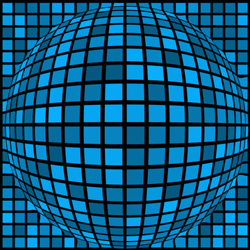 Ball of blue squares of different sizes. Black background.