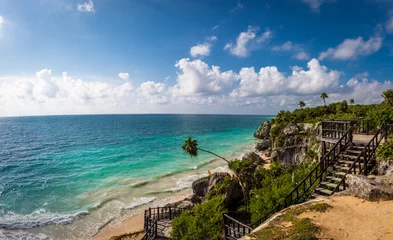 Fotobehang Caribbean sea - Mayan Ruins of Tulum, Mexico © diegograndi